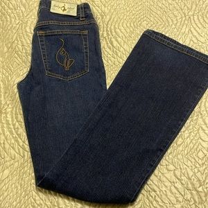 Baby Phat Size 5 Junior blue jeans with flared bottom and embroidered logo